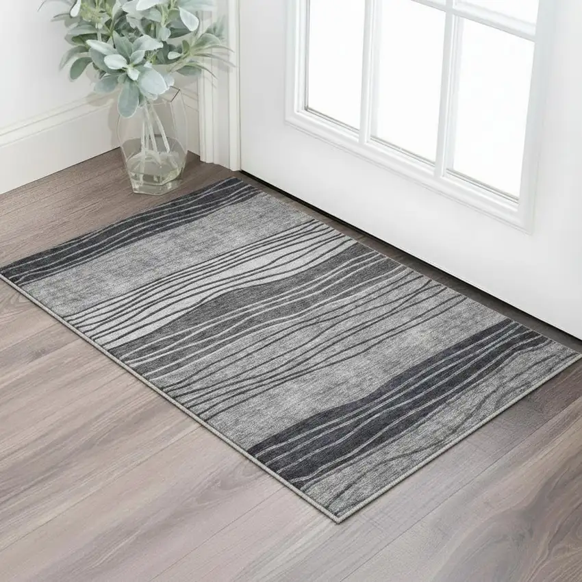 Gray And Silver Striped Washable Area Rug With UV Protection Photo 2