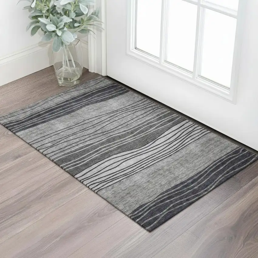 Gray And Silver Striped Washable Area Rug With UV Protection Photo 1