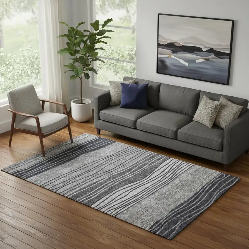 Gray And Silver Striped Washable Area Rug With UV Protection Photo 1