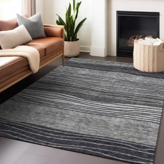 Gray And Silver Striped Washable Area Rug With UV Protection Photo 6