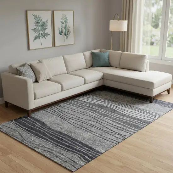 Gray And Silver Striped Washable Area Rug With UV Protection Photo 1