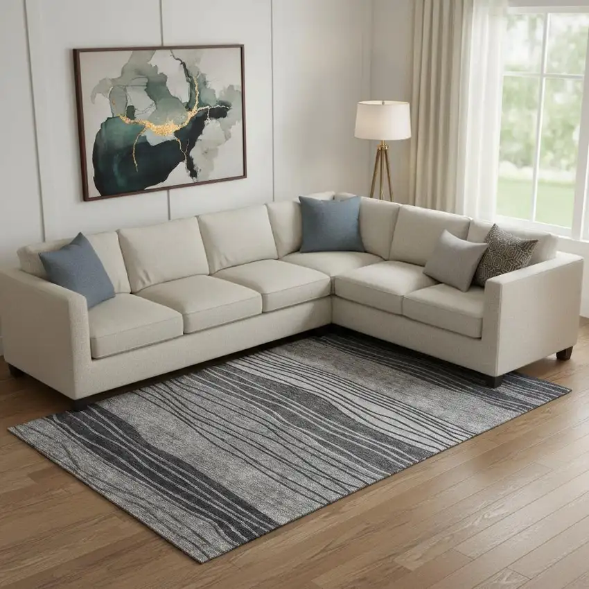 Gray And Silver Striped Washable Area Rug With UV Protection Photo 1