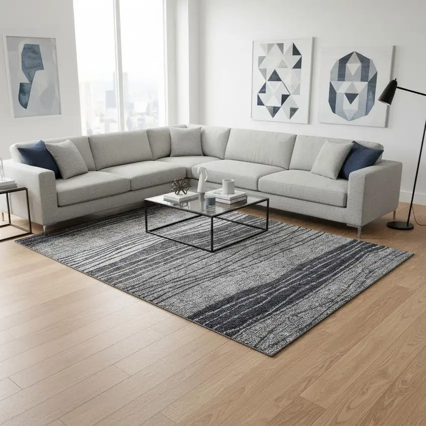 Gray And Silver Striped Washable Area Rug With UV Protection Photo 2