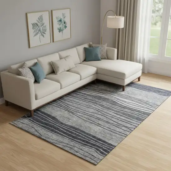 Gray And Silver Striped Washable Area Rug With UV Protection Photo 1