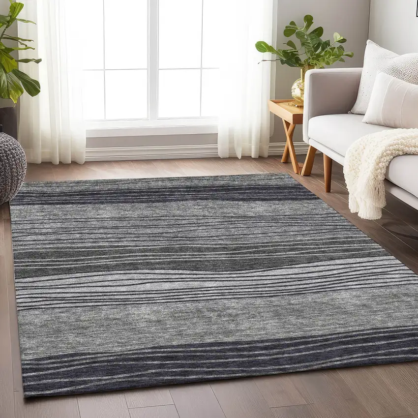 Gray And Silver Striped Washable Area Rug With UV Protection Photo 5