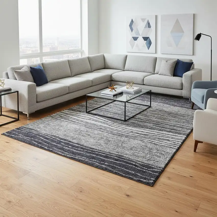 Gray And Silver Striped Washable Area Rug With UV Protection Photo 2