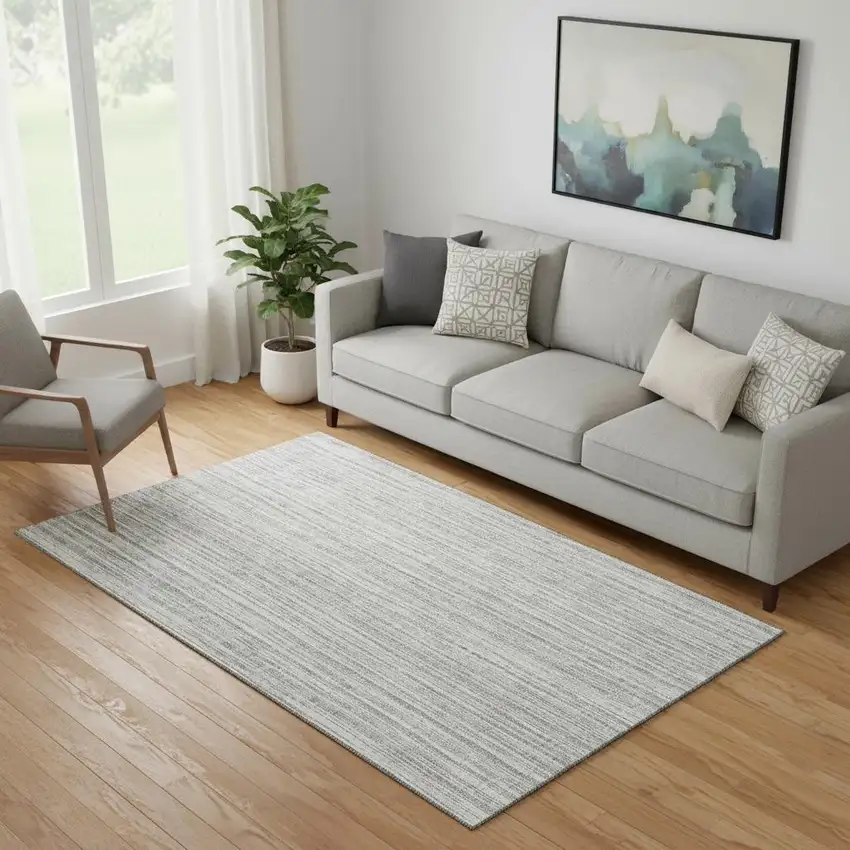 Gray And Silver Striped Washable Area Rug With UV Protection Photo 1