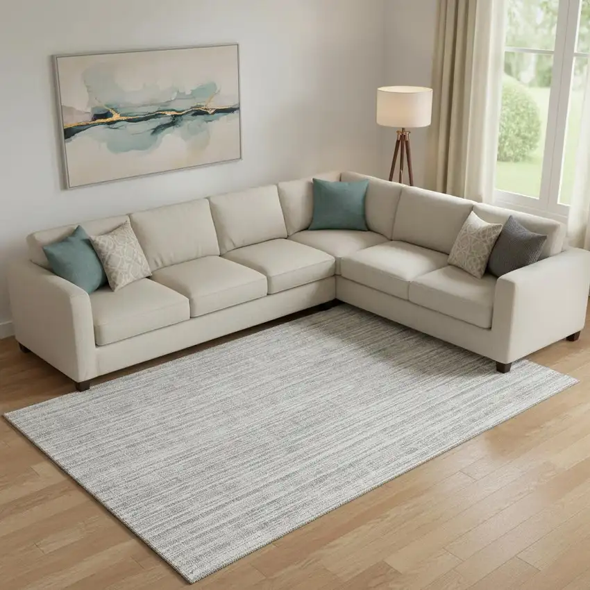 Gray And Silver Striped Washable Area Rug With UV Protection Photo 1