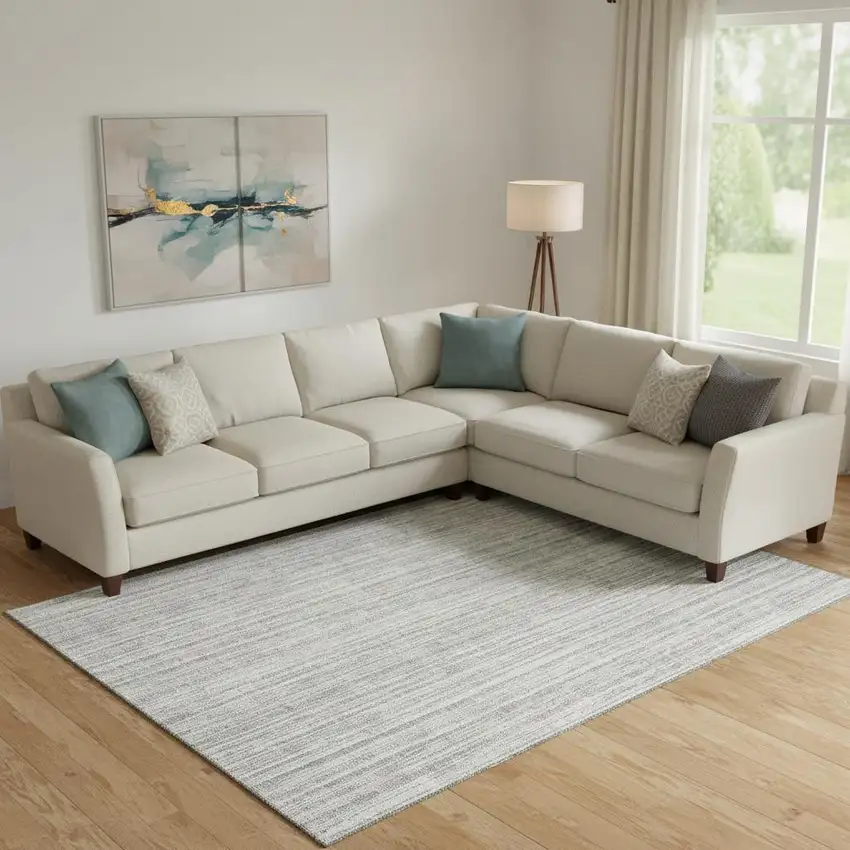 Gray And Silver Striped Washable Area Rug With UV Protection Photo 1