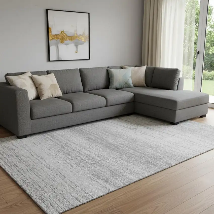 Gray And Silver Striped Washable Area Rug With UV Protection Photo 1