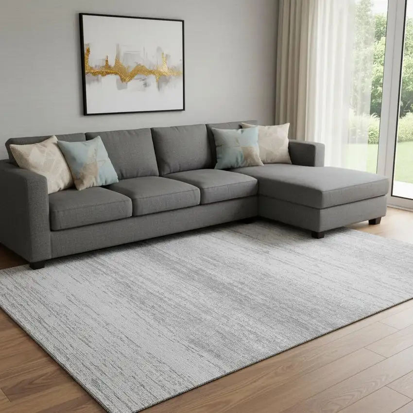 Gray And Silver Striped Washable Area Rug With UV Protection Photo 1