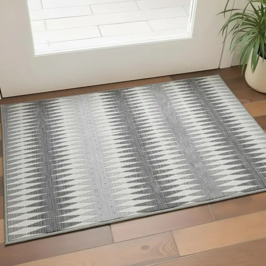 Gray And Silver Striped Washable Area Rug With UV Protection Photo 2