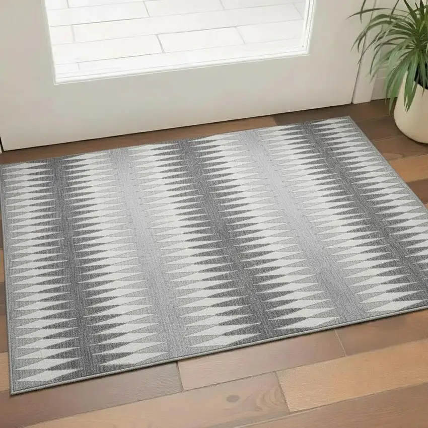 Gray And Silver Striped Washable Area Rug With UV Protection Photo 1