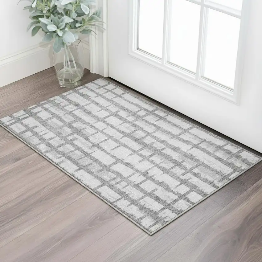 Gray And Silver Striped Washable Area Rug With UV Protection Photo 2