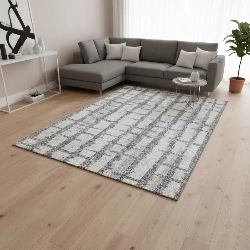 Gray And Silver Striped Washable Area Rug With UV Protection Photo 2