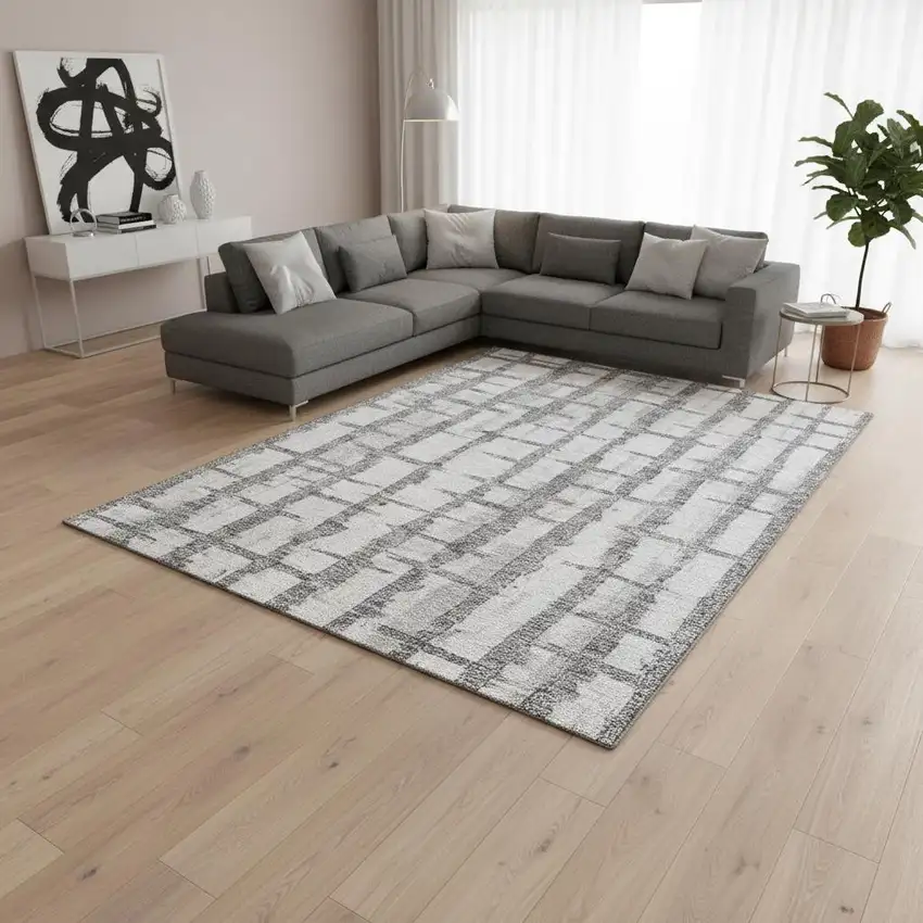 Gray And Silver Striped Washable Area Rug With UV Protection Photo 2