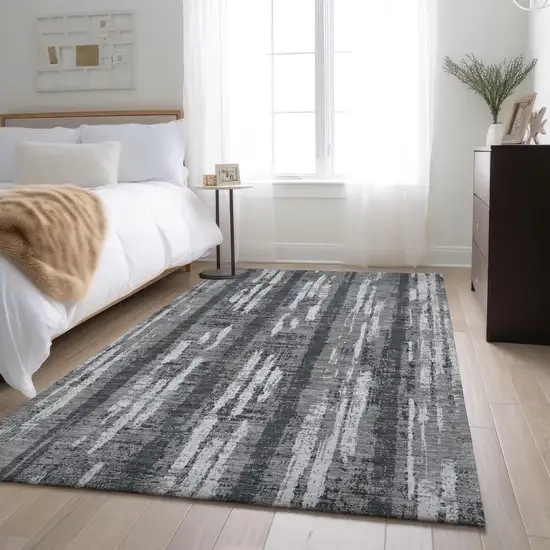 Gray And Silver Striped Washable Area Rug With UV Protection Photo 2