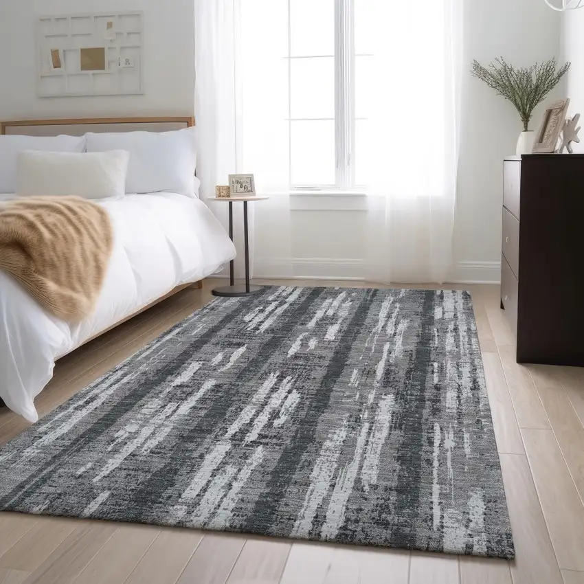 Gray And Silver Striped Washable Area Rug With UV Protection Photo 2