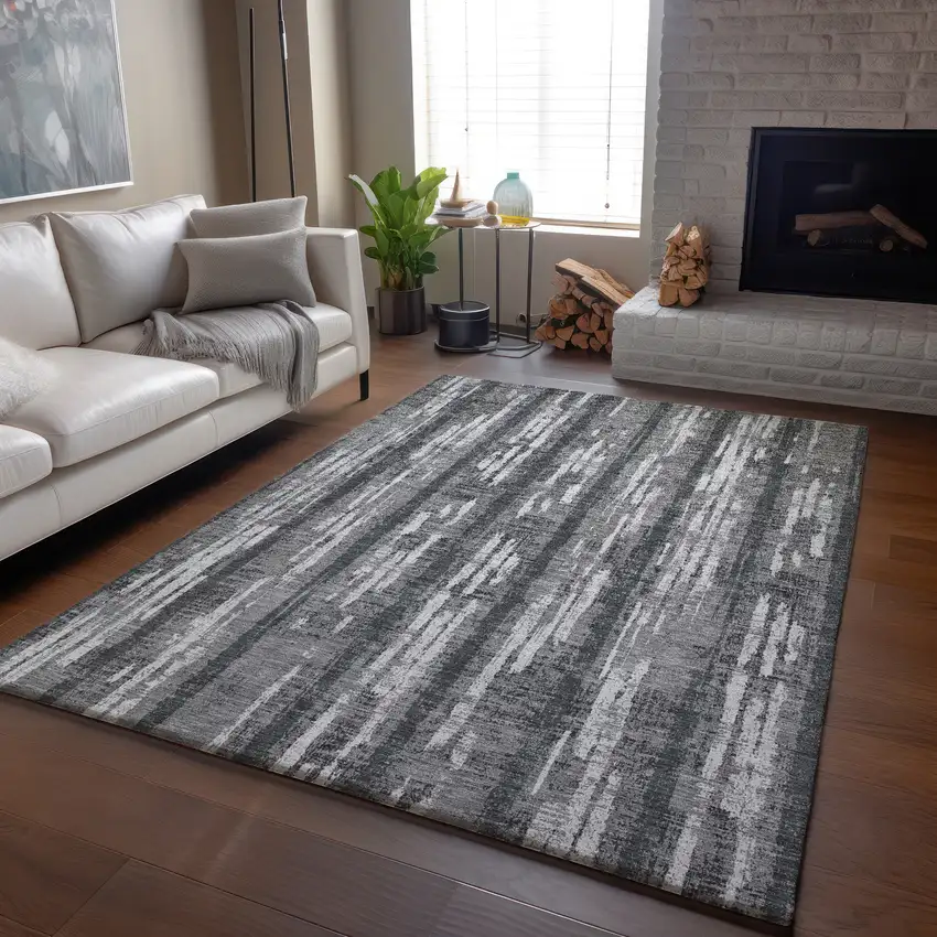 Gray And Silver Striped Washable Area Rug With UV Protection Photo 1