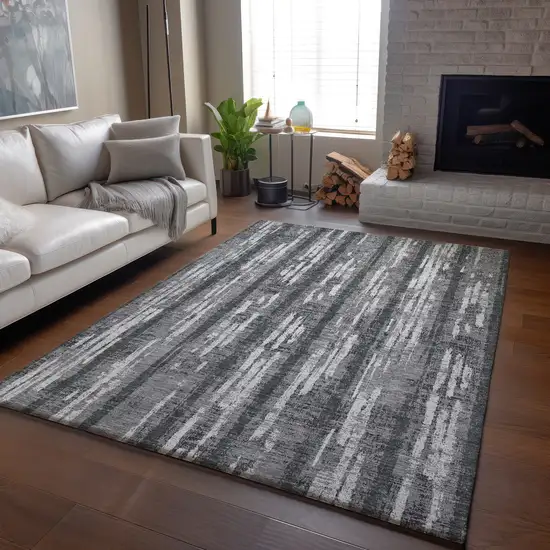 Gray And Silver Striped Washable Area Rug With UV Protection Photo 1