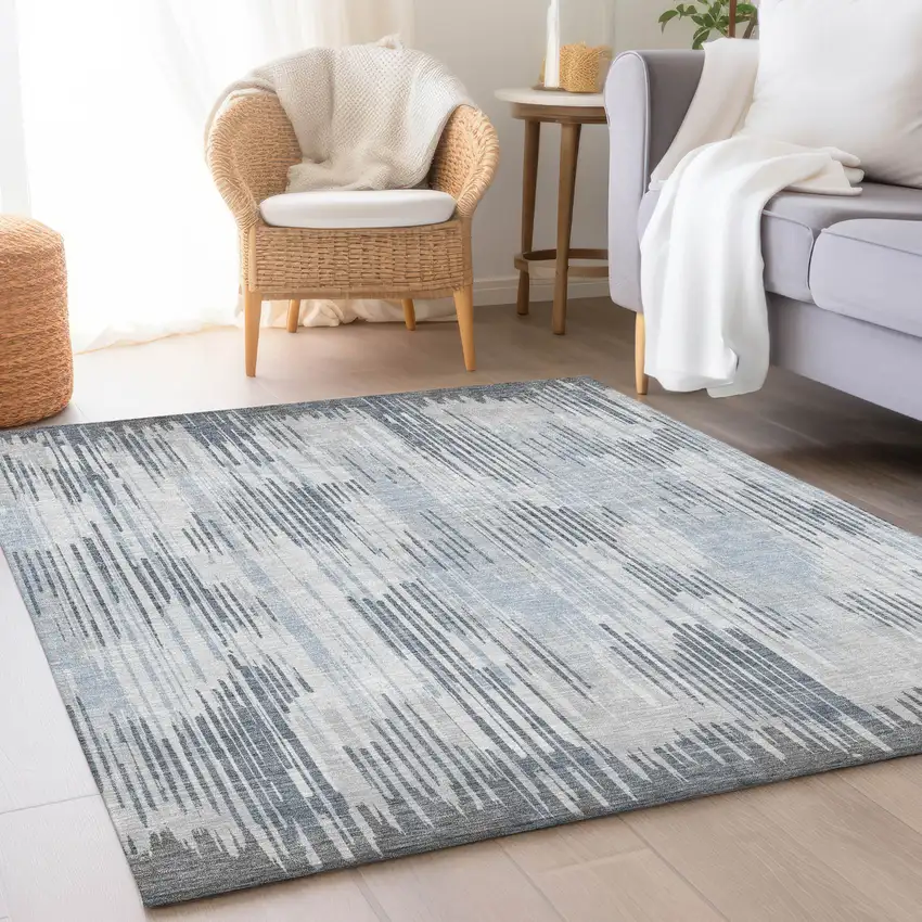 Gray And Silver Striped Washable Area Rug With UV Protection Photo 2