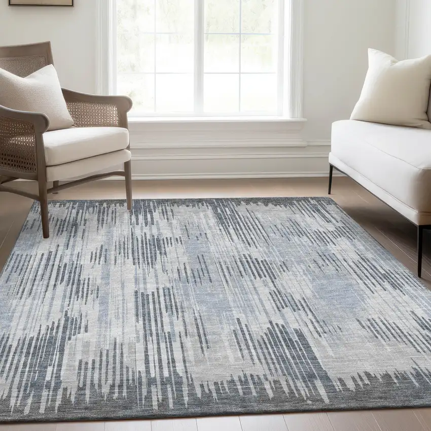 Gray And Silver Striped Washable Area Rug With UV Protection Photo 1