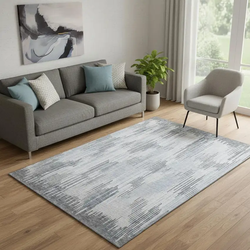 Gray And Silver Striped Washable Area Rug With UV Protection Photo 1