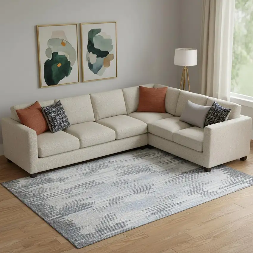 Gray And Silver Striped Washable Area Rug With UV Protection Photo 1