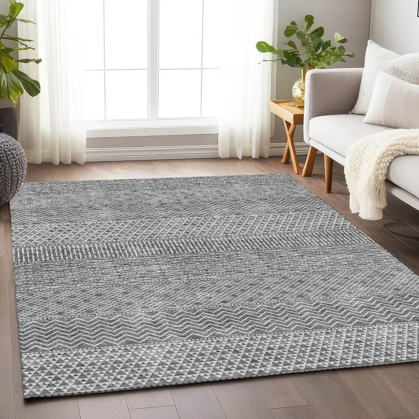 Gray And Silver Striped Washable Area Rug With UV Protection Photo 4