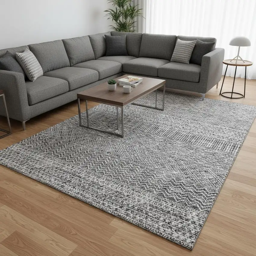 Gray And Silver Striped Washable Area Rug With UV Protection Photo 2