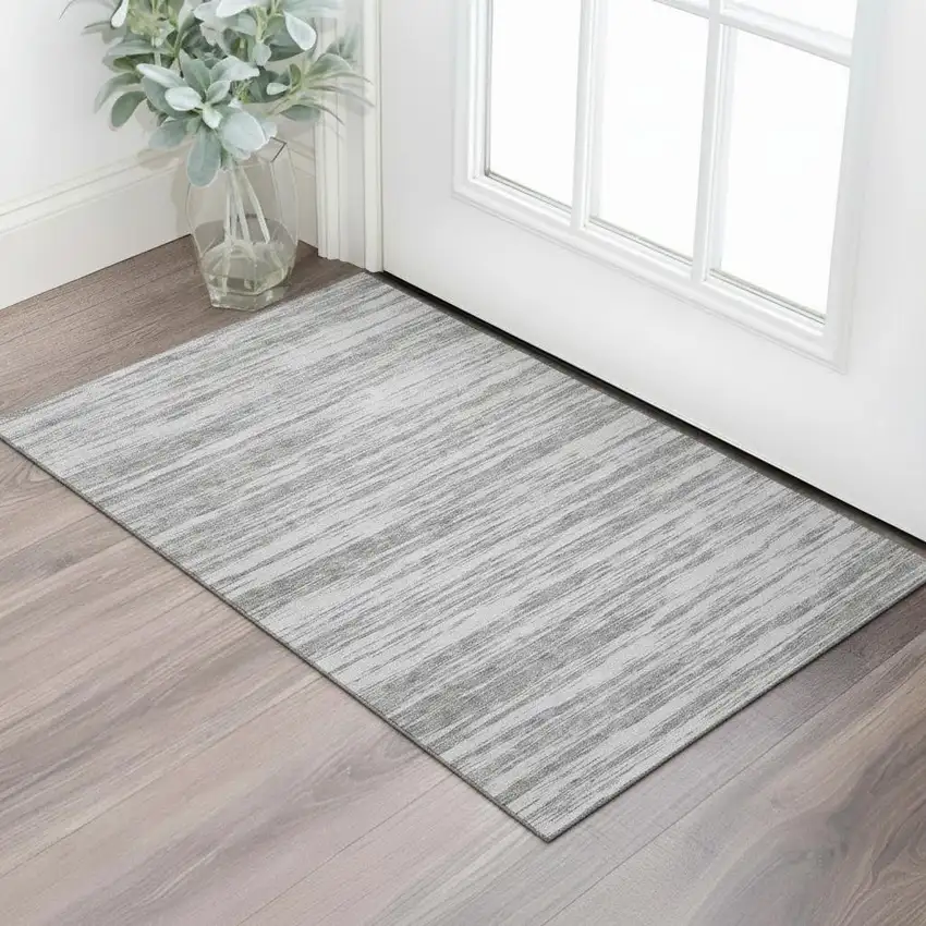 Gray And Silver Striped Washable Area Rug With UV Protection Photo 2