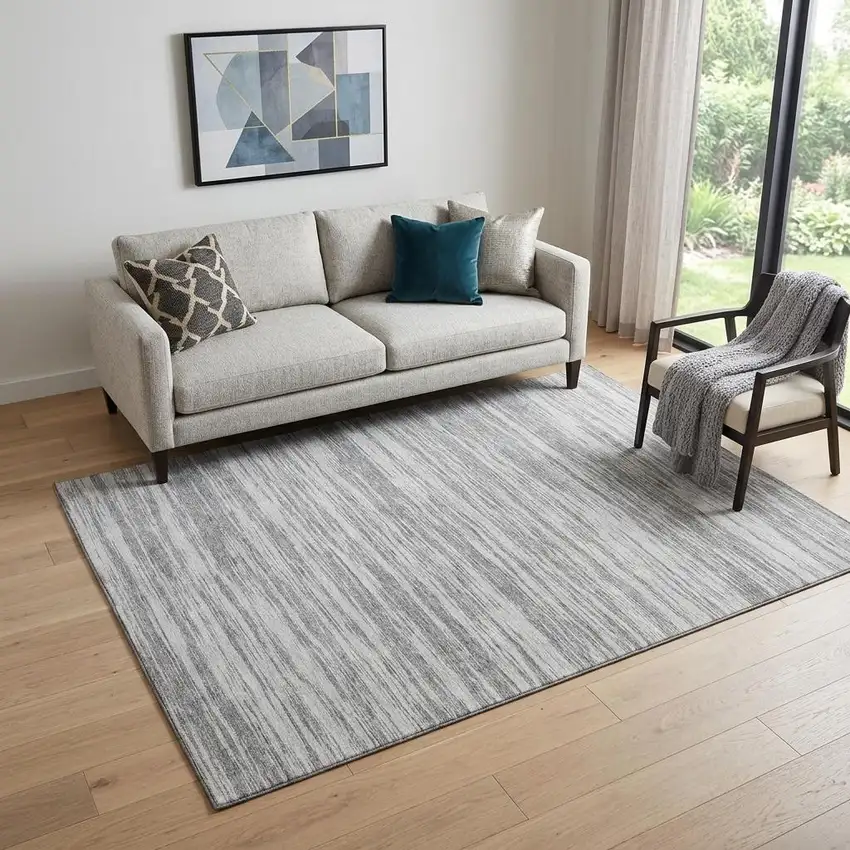 Gray And Silver Striped Washable Area Rug With UV Protection Photo 1