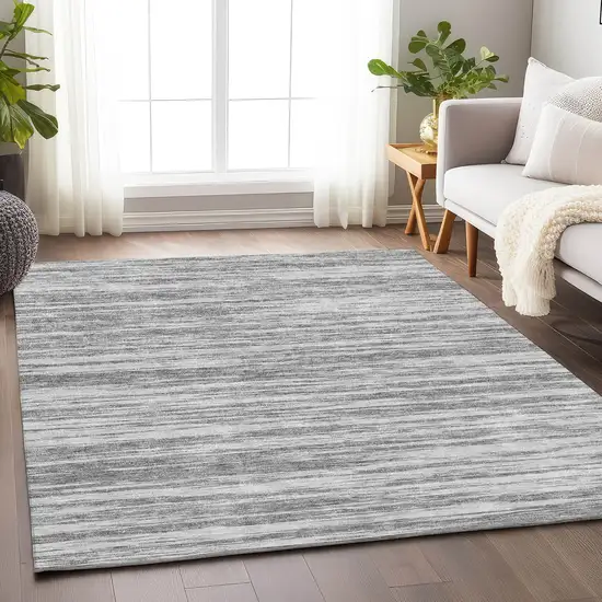 Gray And Silver Striped Washable Area Rug With UV Protection Photo 4
