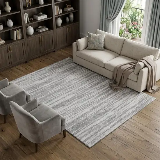 Gray And Silver Striped Washable Area Rug With UV Protection Photo 1