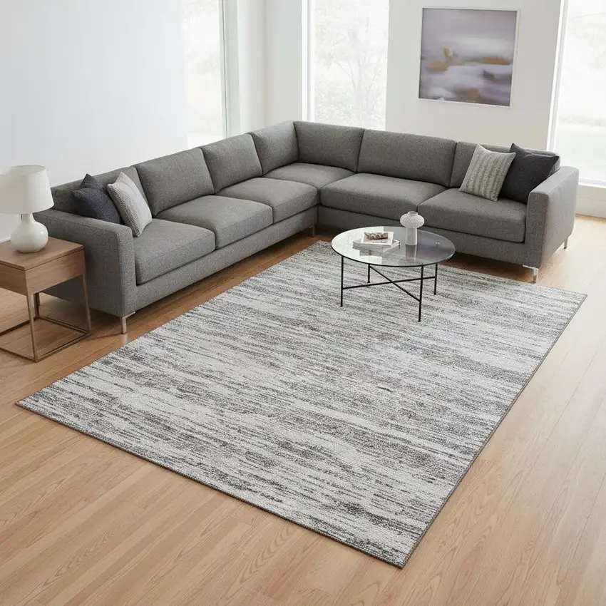 Gray And Silver Striped Washable Area Rug With UV Protection Photo 2