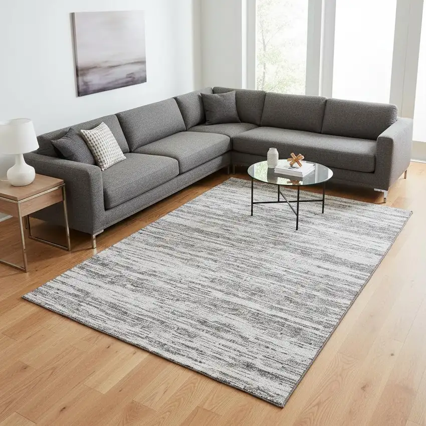 Gray And Silver Striped Washable Area Rug With UV Protection Photo 2