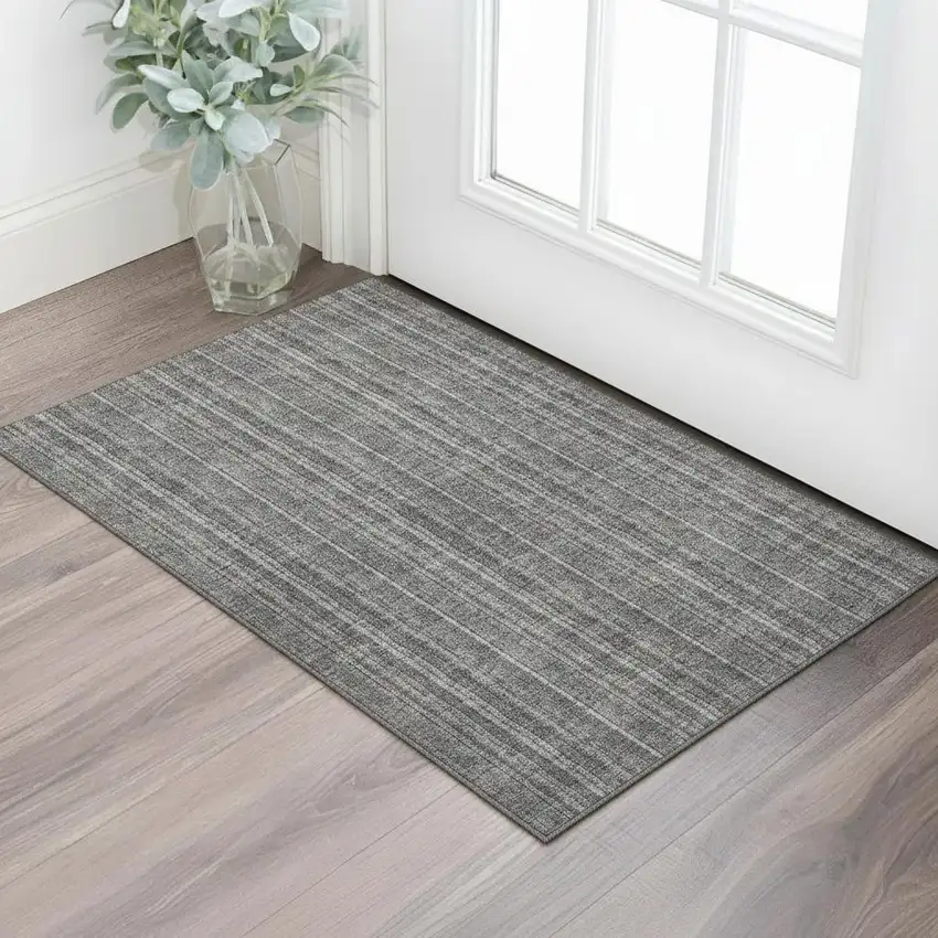 Gray And Silver Striped Washable Area Rug With UV Protection Photo 2
