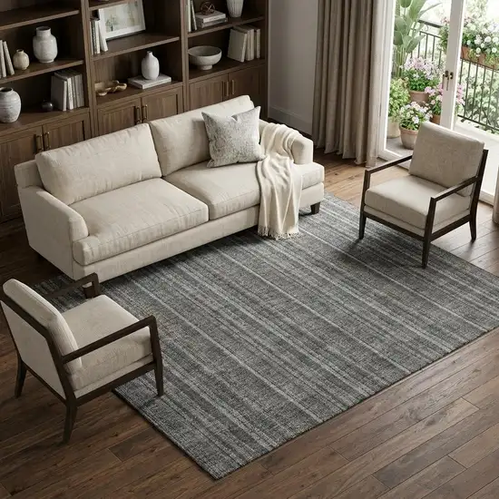 Gray And Silver Striped Washable Area Rug With UV Protection Photo 1