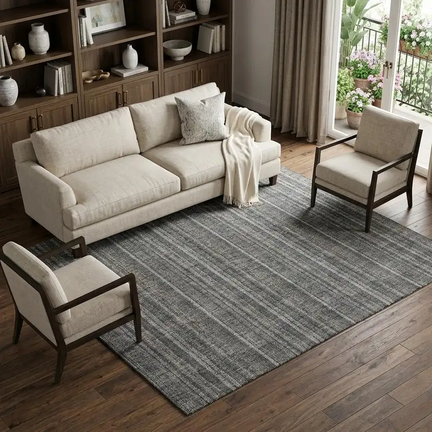 Gray And Silver Striped Washable Area Rug With UV Protection Photo 1