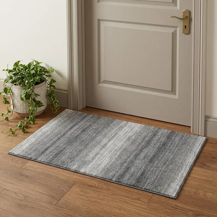 Gray And Silver Striped Washable Area Rug With UV Protection Photo 1
