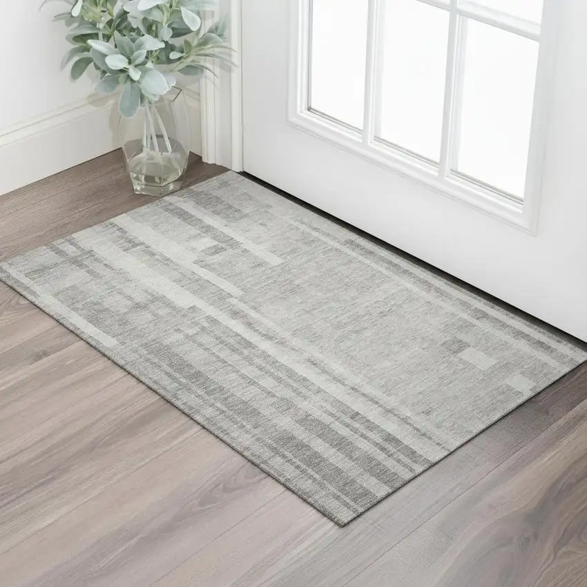 Gray And Silver Striped Washable Area Rug With UV Protection Photo 2