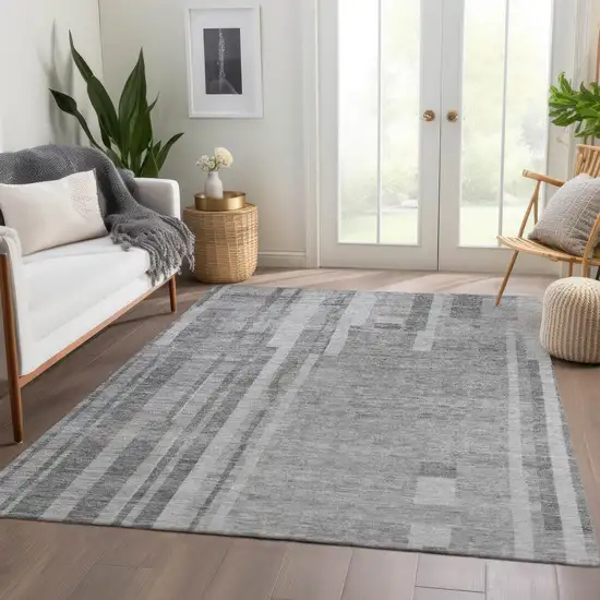 Gray And Silver Striped Washable Area Rug With UV Protection Photo 5