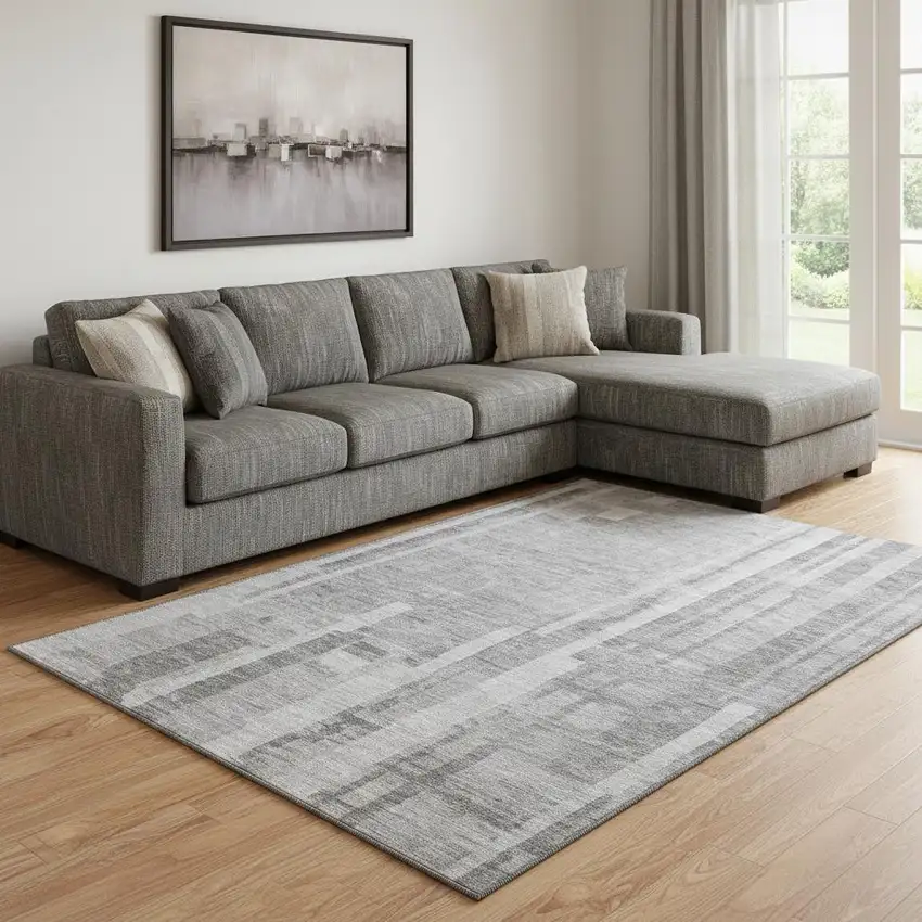 Gray And Silver Striped Washable Area Rug With UV Protection Photo 2