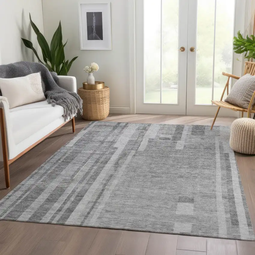 Gray And Silver Striped Washable Area Rug With UV Protection Photo 5