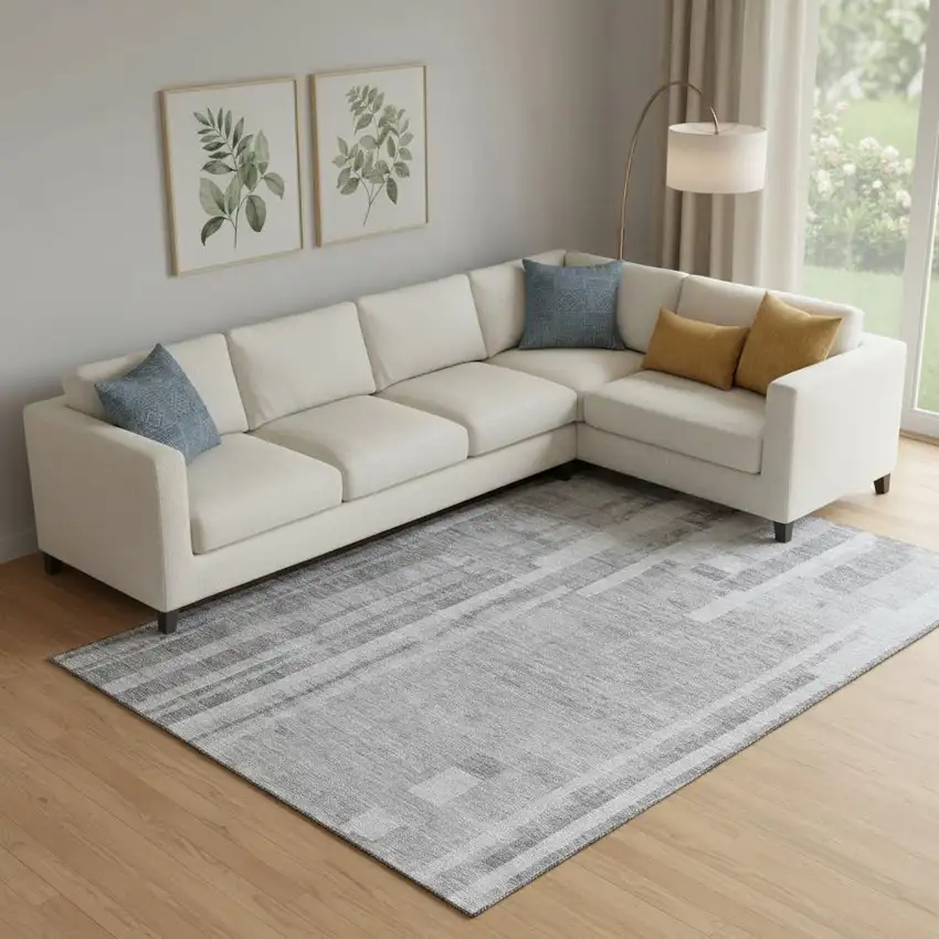 Gray And Silver Striped Washable Area Rug With UV Protection Photo 2