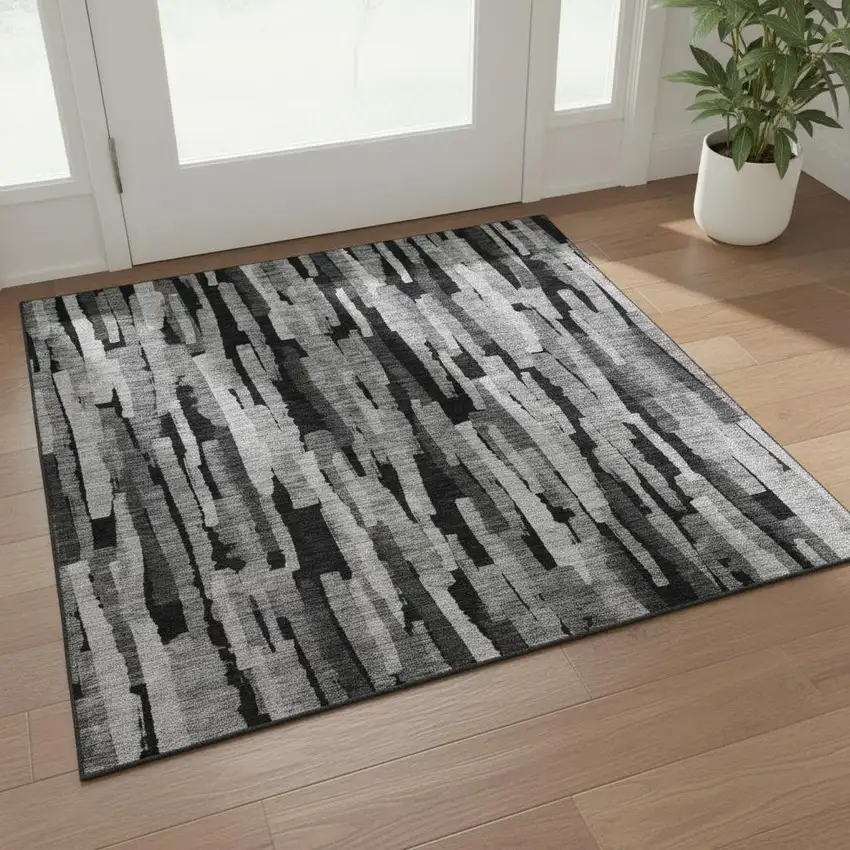 Gray And Silver Striped Washable Area Rug With UV Protection Photo 2