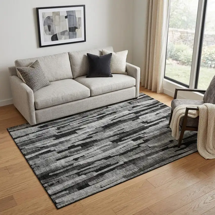 Gray And Silver Striped Washable Area Rug With UV Protection Photo 1