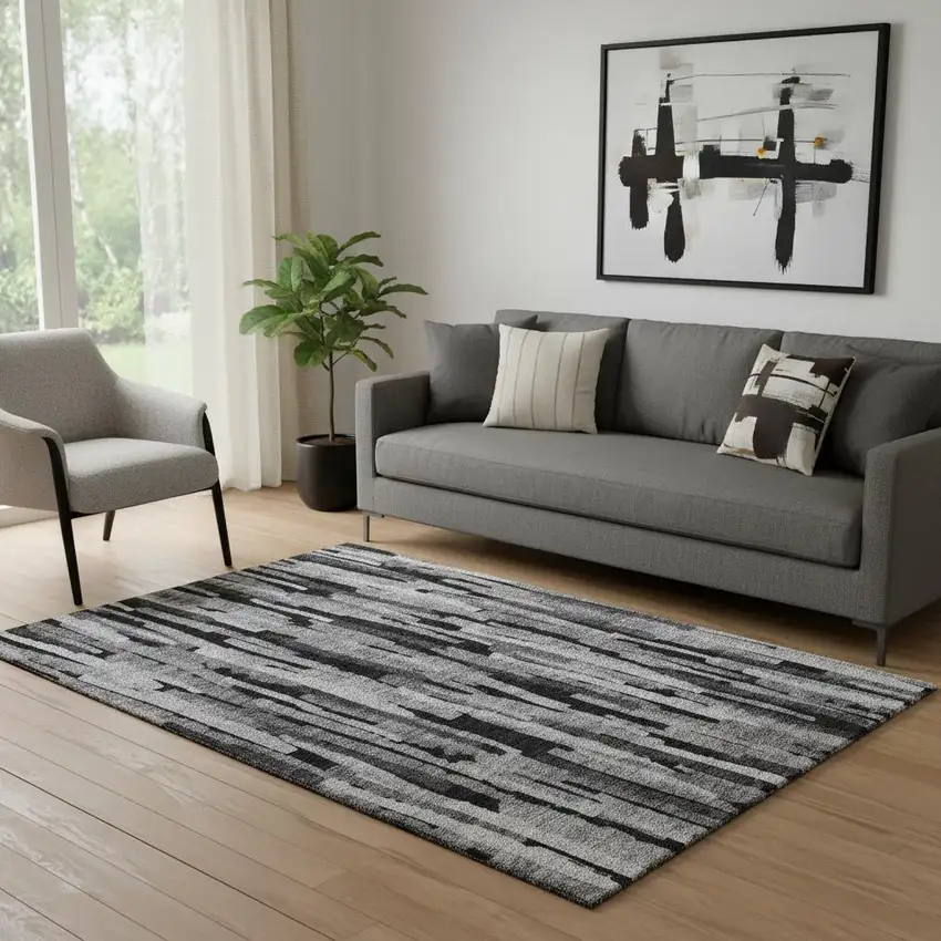 Gray And Silver Striped Washable Area Rug With UV Protection Photo 2