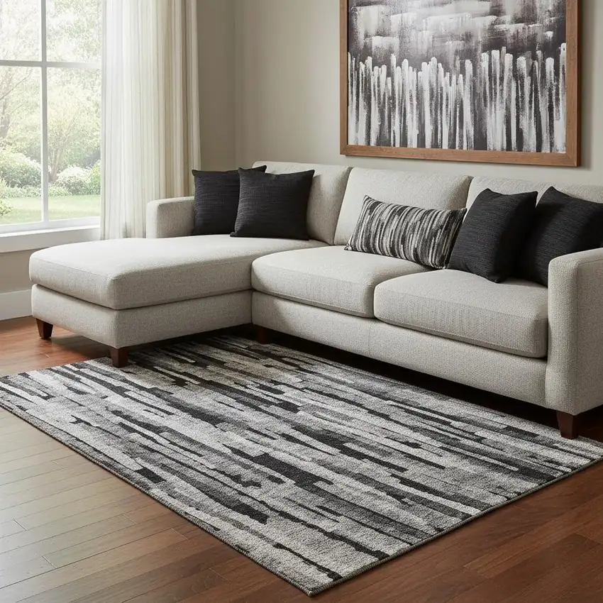 Gray And Silver Striped Washable Area Rug With UV Protection Photo 2