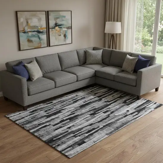 Gray And Silver Striped Washable Area Rug With UV Protection Photo 2